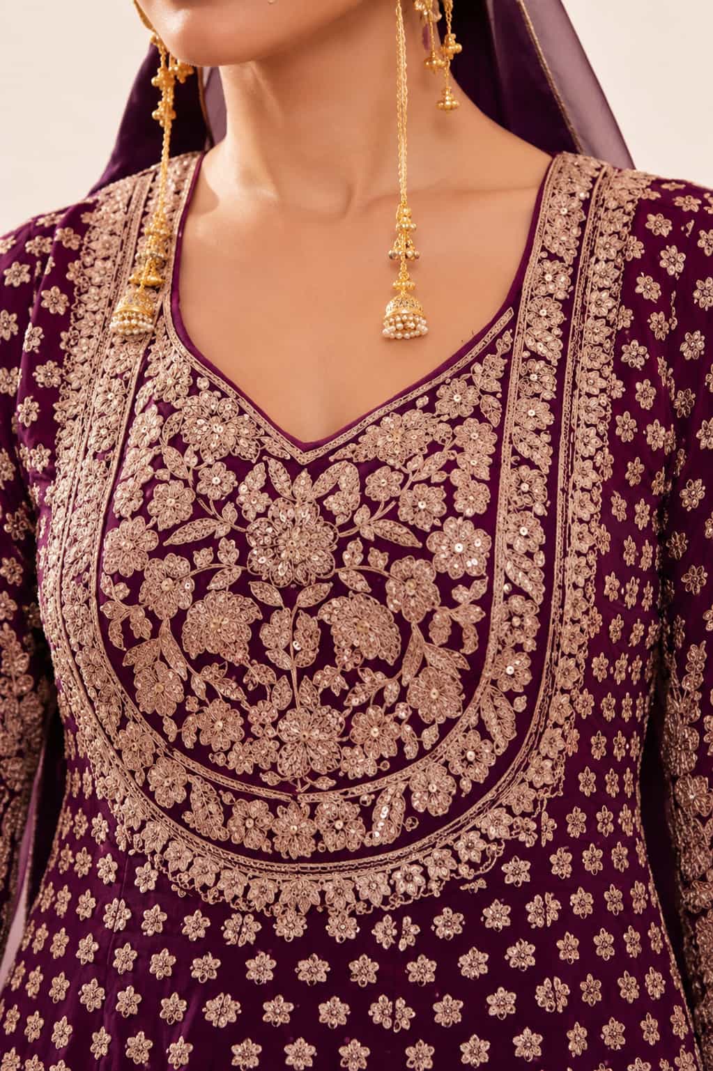Wine Purple Georgette Lehenga Style Set Embroidery Close Up