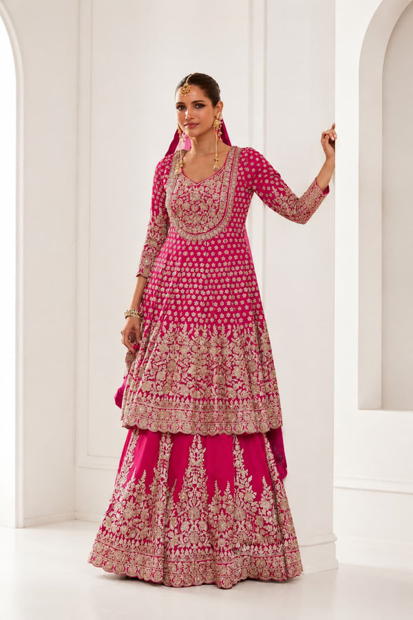 Hot Pink Georgette Lehenga Style Set Front View