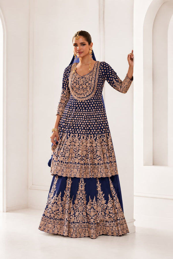 Royal Blue Georgette Lehenga Style Set Front View