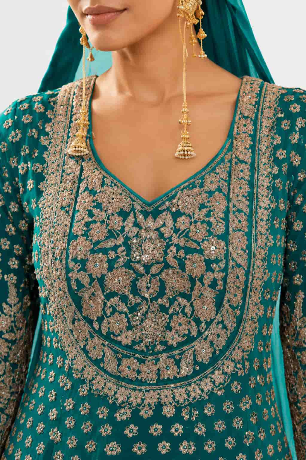 Aqua Green Georgette Lehenga Style Set Embroidery Close Up