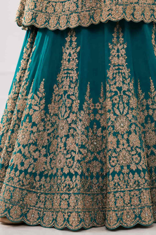Aqua Green Georgette Lehenga Style Set Embroidery Close Up