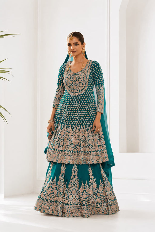 Aqua Green Georgette Lehenga Style Set Front View