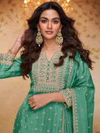 Sea Green Embroidered Real Chinon Sharara Suit Set - View 2