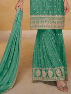Sea Green Embroidered Real Chinon Sharara Suit Set - View 3
