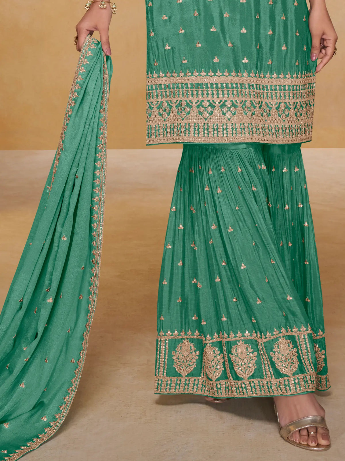 Sea Green Embroidered Real Chinon Sharara Suit Set - View 3