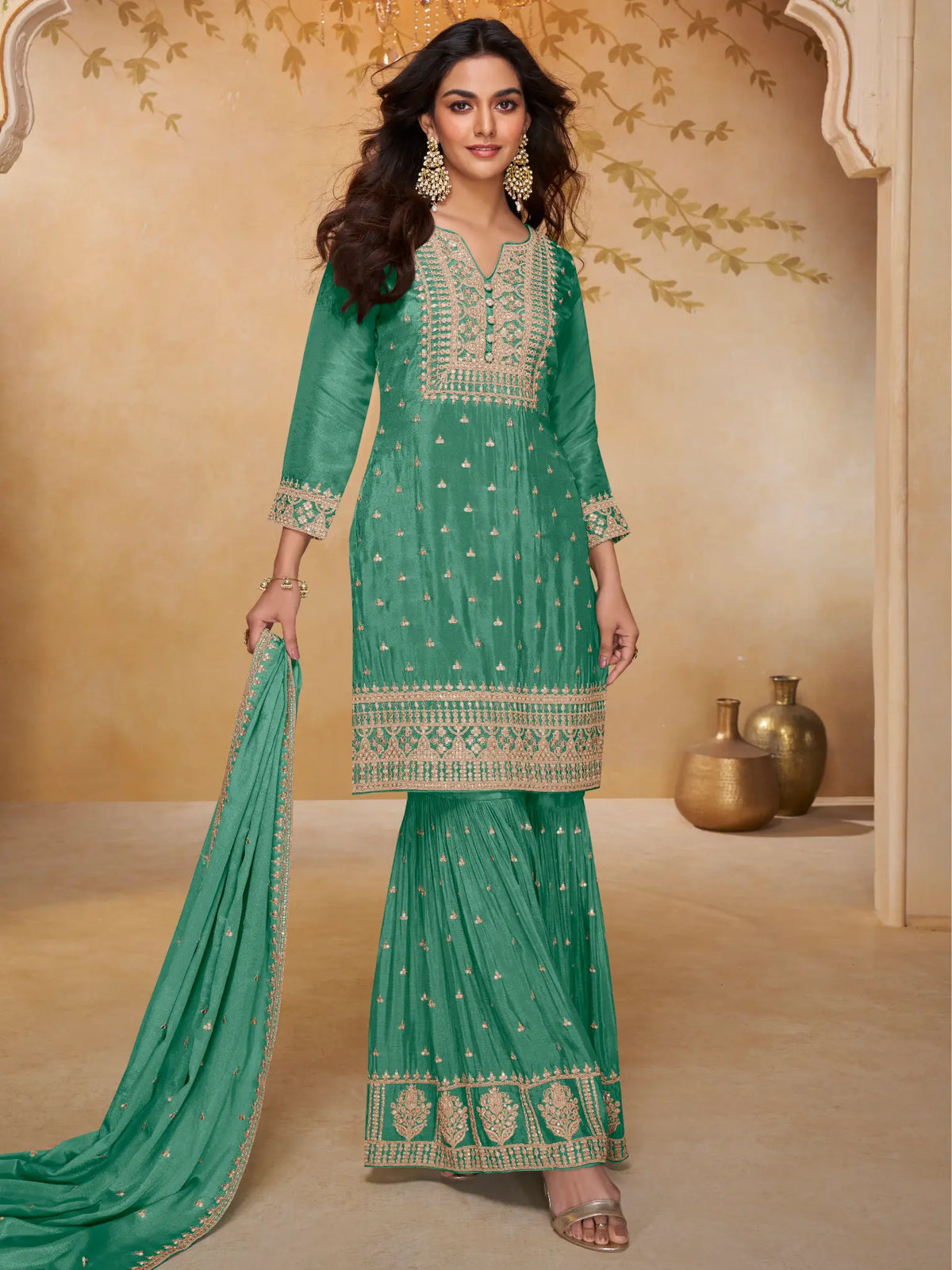 Sea Green Embroidered Real Chinon Sharara Suit Set - View 1