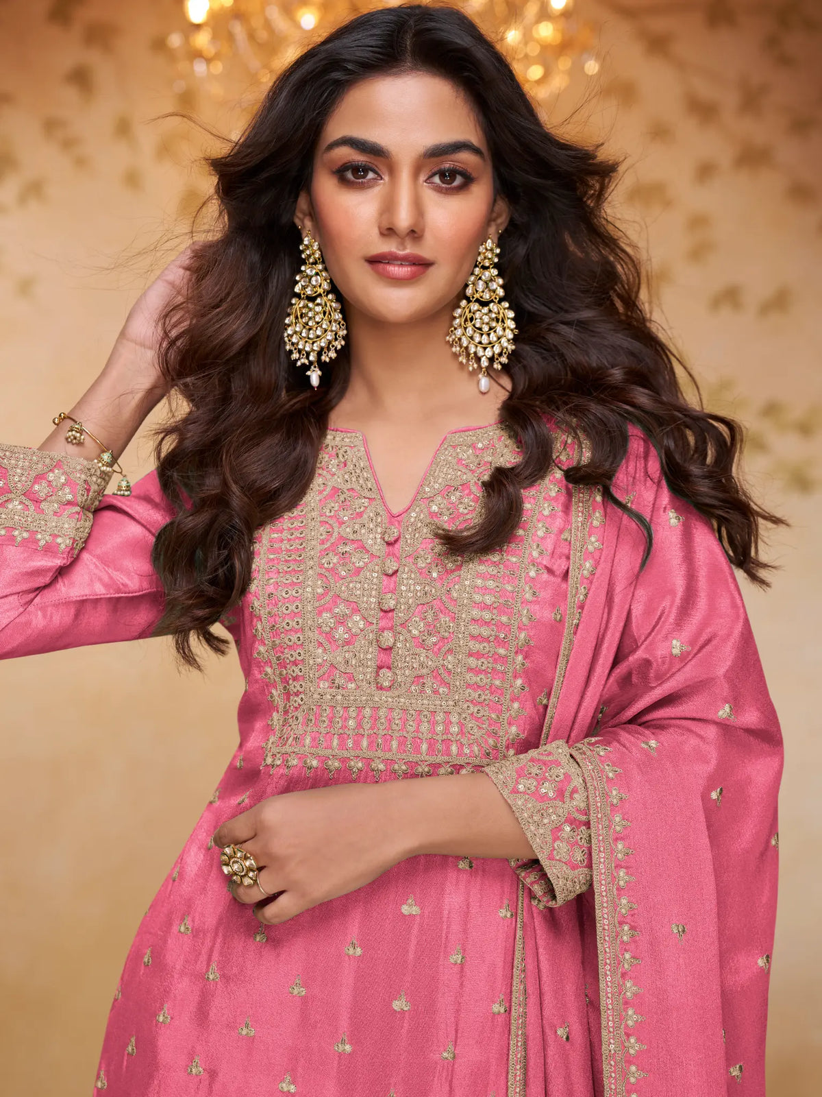 Blush Pink Embroidered Real Chinon Sharara Suit Set - View 2