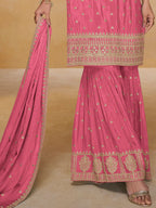 Blush Pink Embroidered Real Chinon Sharara Suit Set - View 3