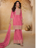 Blush Pink Embroidered Real Chinon Sharara Suit Set - View 1