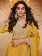 Mustard Yellow Embroidered Real Chinon Sharara Suit Set - View 2