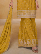 Mustard Yellow Embroidered Real Chinon Sharara Suit Set - View 3