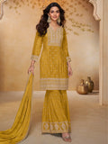 Mustard Yellow Embroidered Real Chinon Sharara Suit Set - View 1
