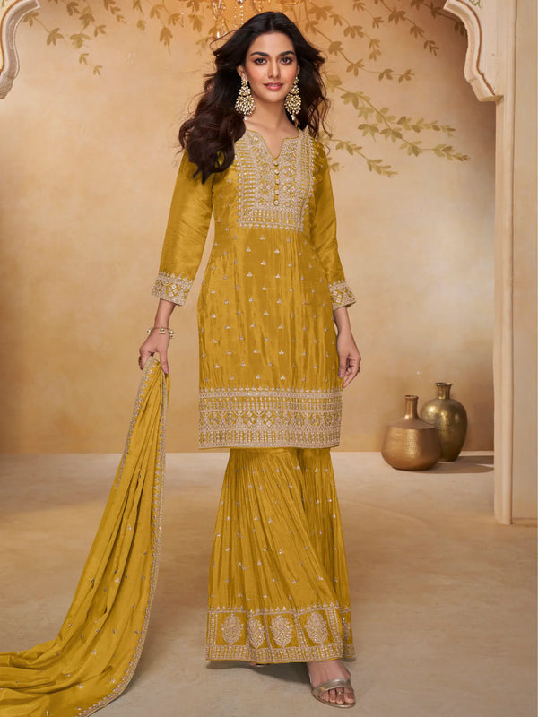 Mustard Yellow Embroidered Real Chinon Sharara Suit Set - View 1