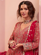 Coral Red Hand Embroidered Georgette Palazzo Suit Set - View 2