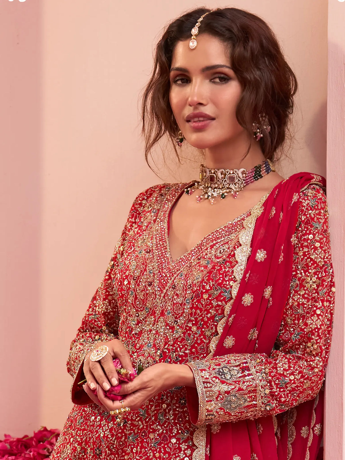 Coral Red Hand Embroidered Georgette Palazzo Suit Set - View 2