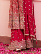 Coral Red Hand Embroidered Georgette Palazzo Suit Set - View 3