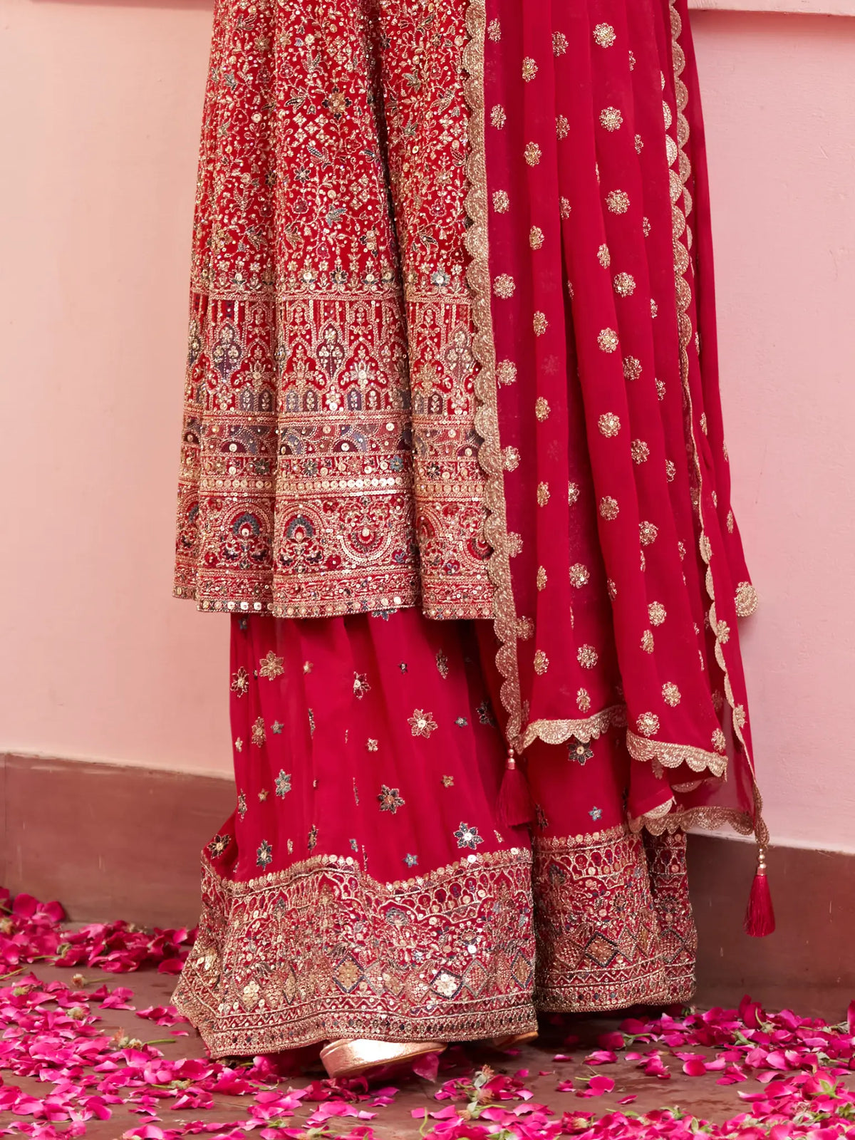Coral Red Hand Embroidered Georgette Palazzo Suit Set - View 3