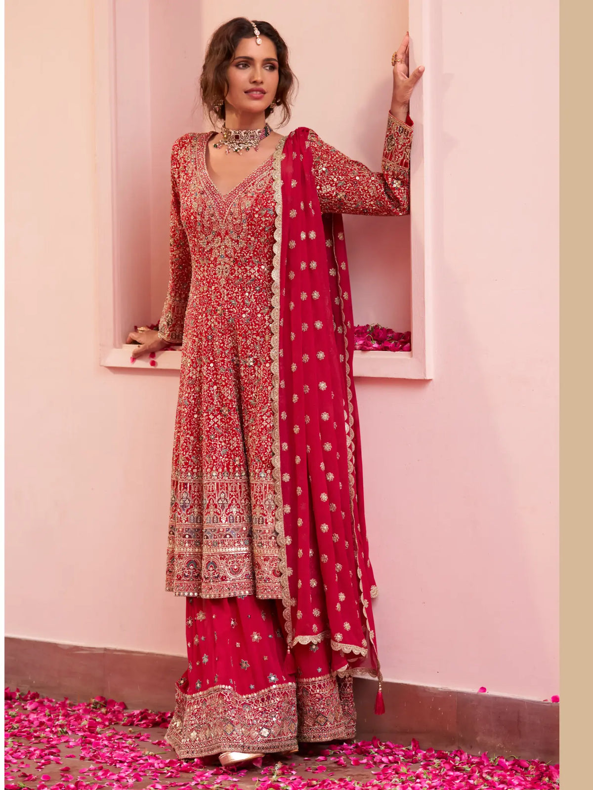Coral Red Hand Embroidered Georgette Palazzo Suit Set - View 1