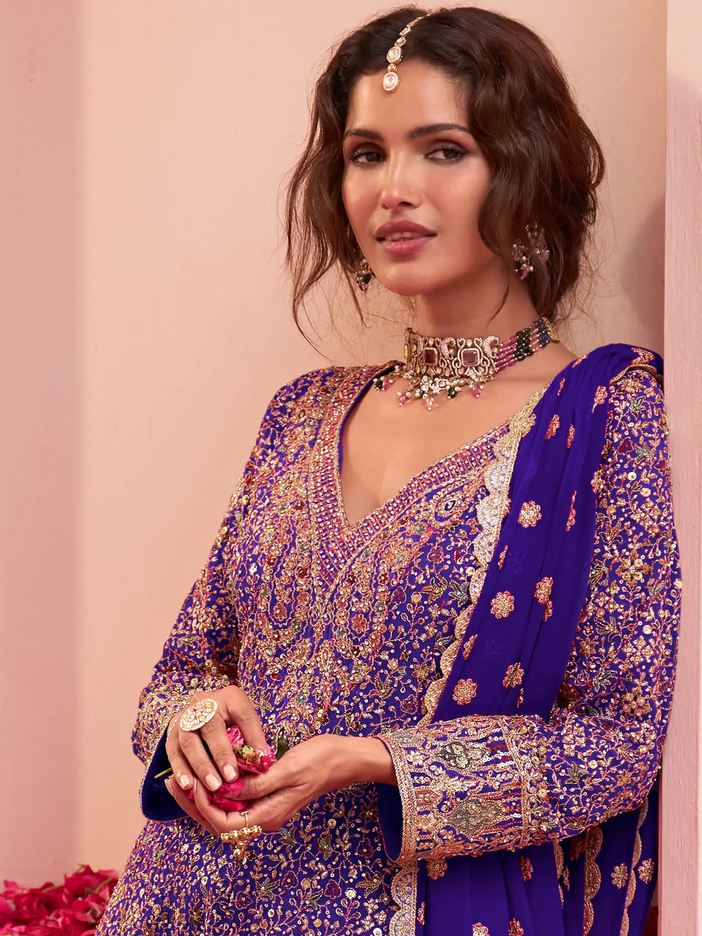 Royal Indigo Blue Hand Embroidered Georgette Palazzo Suit Set - View 2