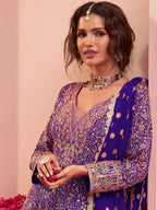 Royal Indigo Blue Hand Embroidered Georgette Palazzo Suit Set - View 2