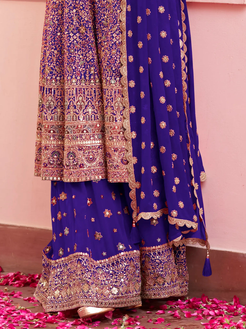 Royal Indigo Blue Hand Embroidered Georgette Palazzo Suit Set - View 3