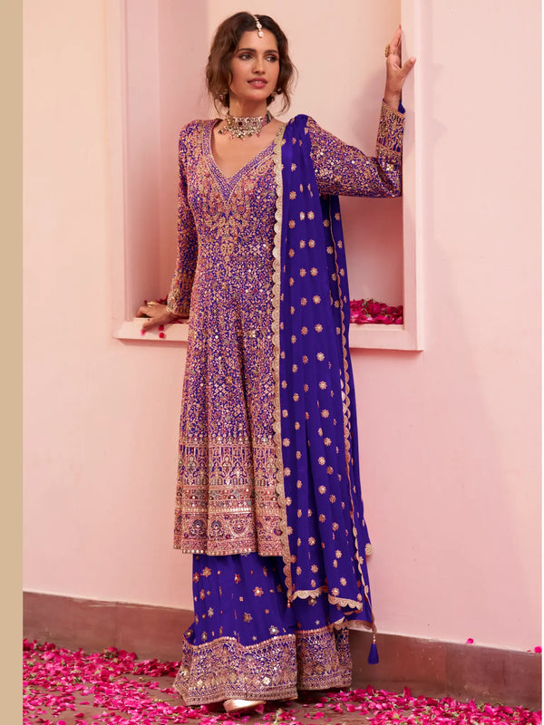 Royal Indigo Blue Hand Embroidered Georgette Palazzo Suit Set - View 1