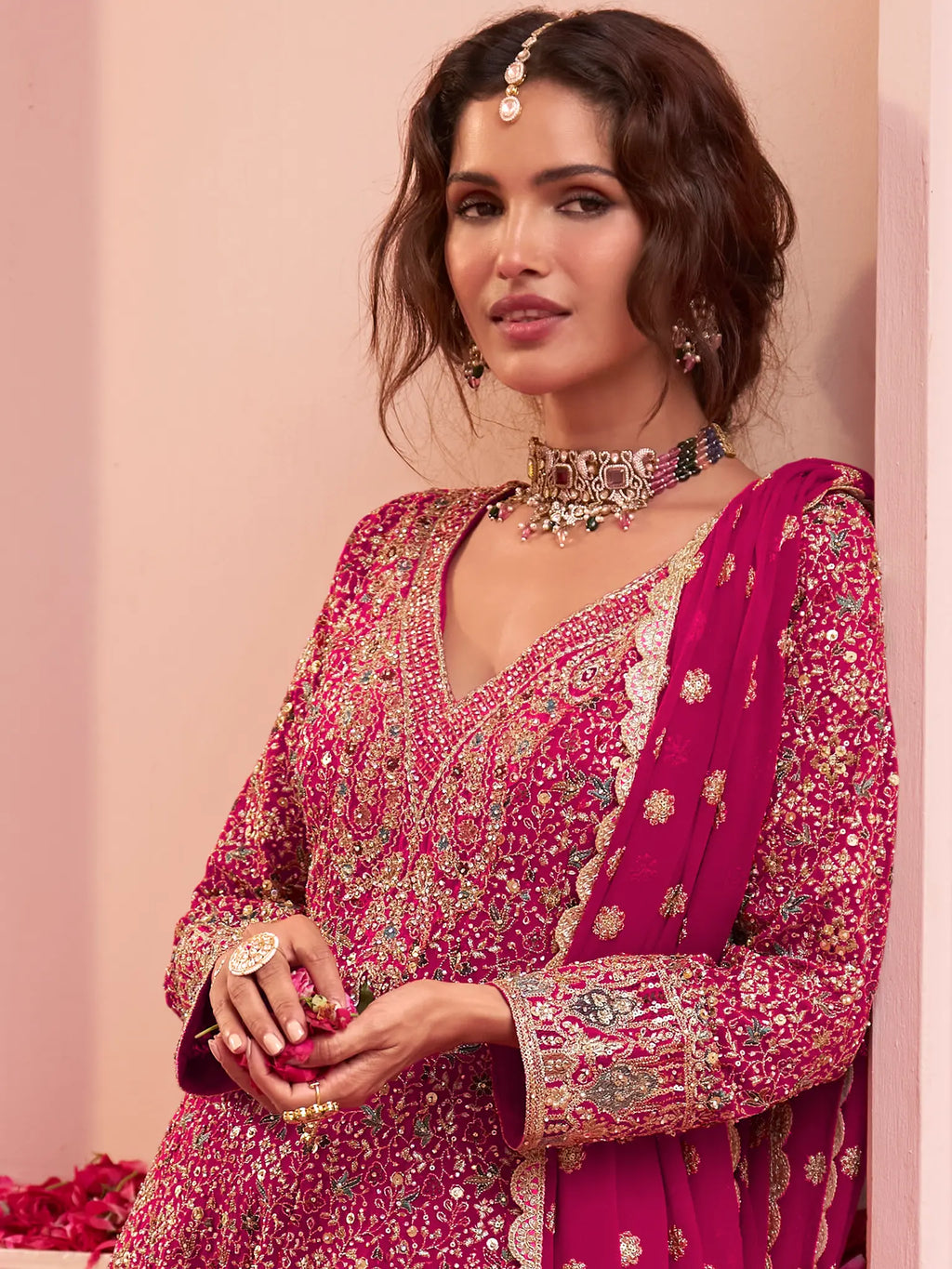 Magenta Pink Hand Embroidered Georgette Palazzo Suit Set - View 2
