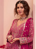 Magenta Pink Hand Embroidered Georgette Palazzo Suit Set - View 2