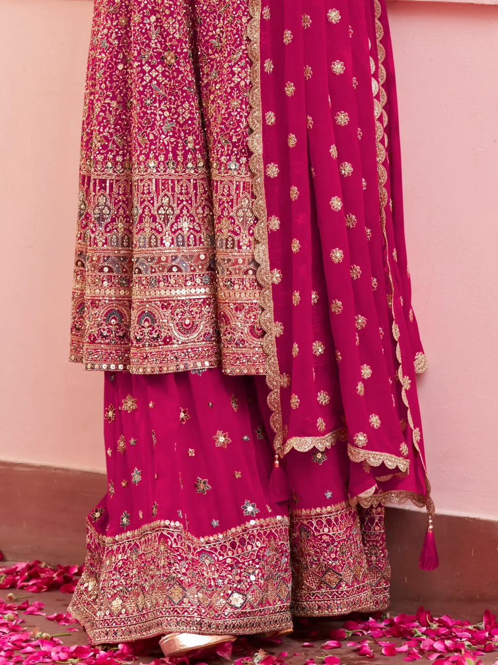 Magenta Pink Hand Embroidered Georgette Palazzo Suit Set - View 3