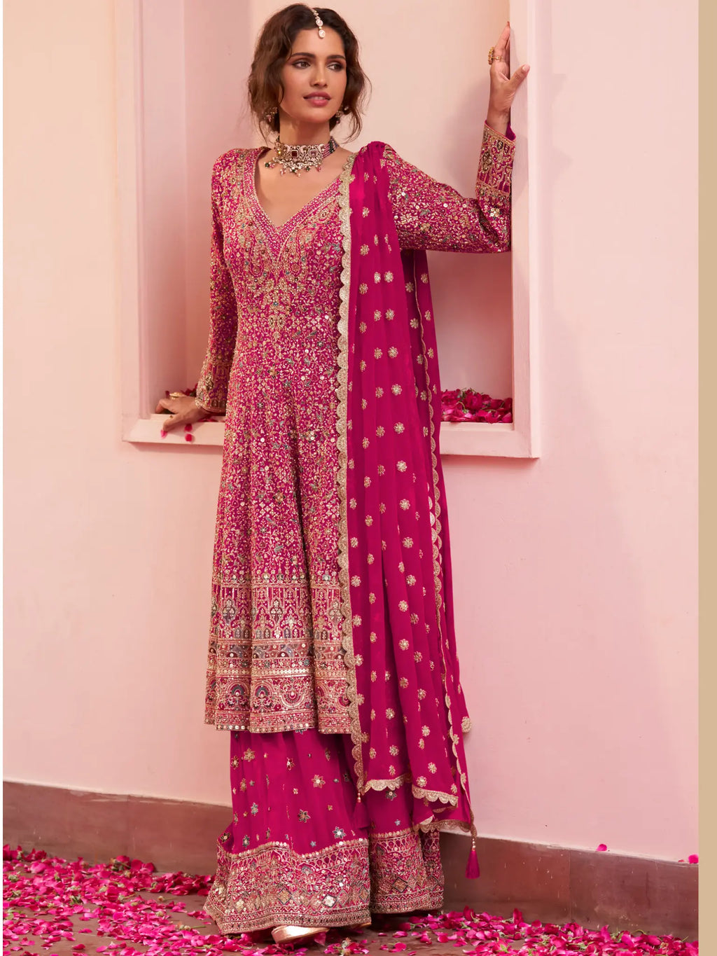 Magenta Pink Hand Embroidered Georgette Palazzo Suit Set - View 1