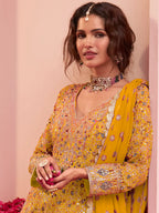 Mustard Yellow Hand Embroidered Georgette Palazzo Suit Set - View 2