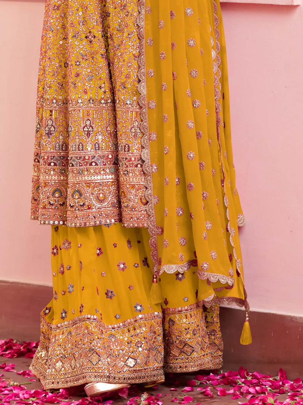 Mustard Yellow Hand Embroidered Georgette Palazzo Suit Set - View 3