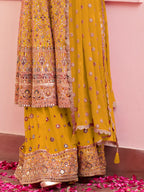 Mustard Yellow Hand Embroidered Georgette Palazzo Suit Set - View 3