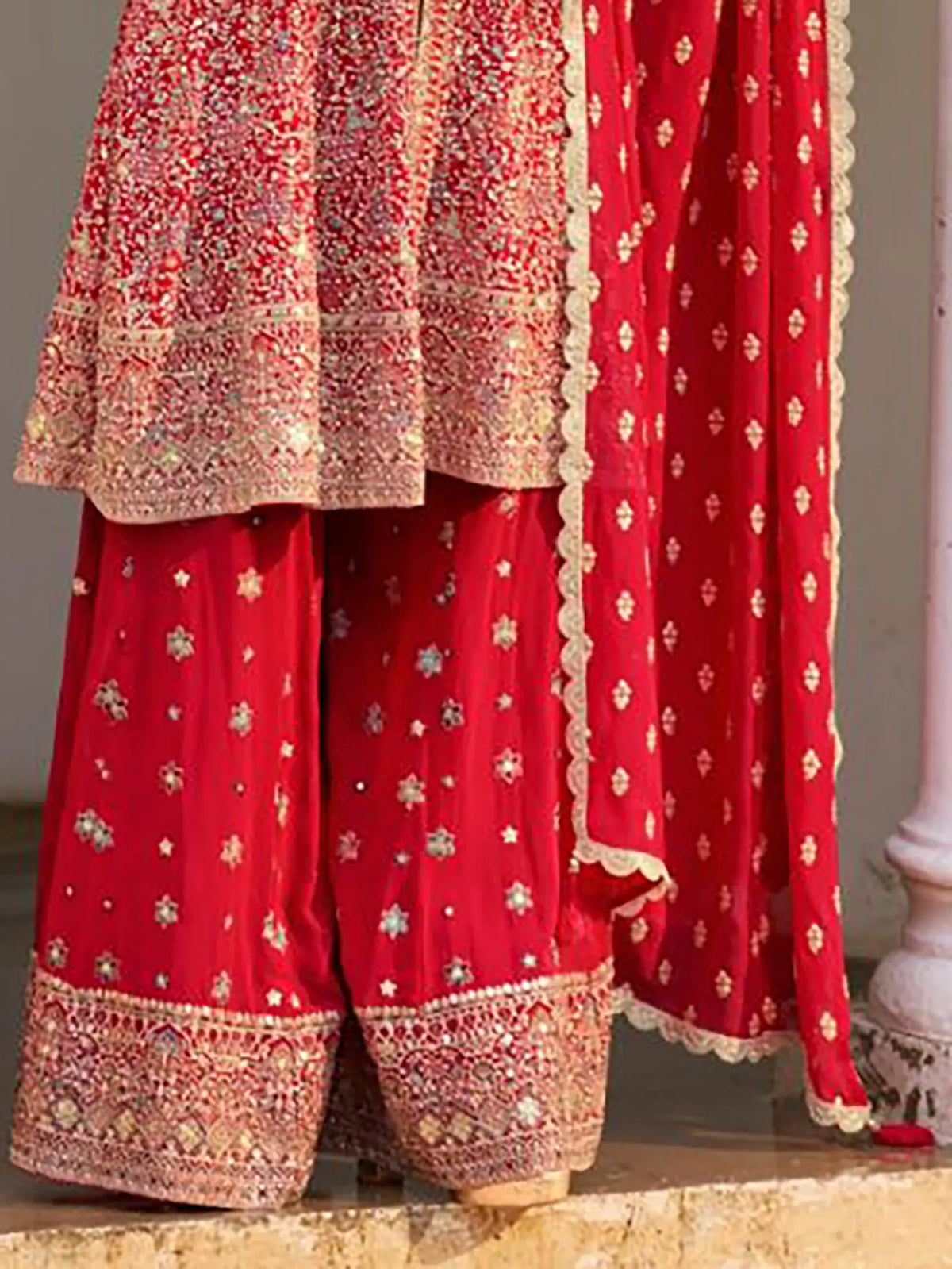 Crimson Red Handwork Georgette Palazzo Suit Set - View 3