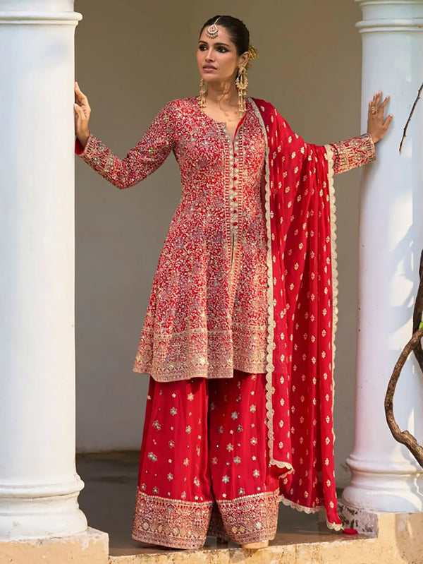 Crimson Red Handwork Georgette Palazzo Suit Set - View 1