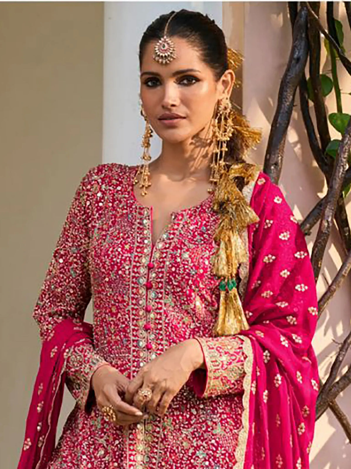 Hot Rani Pink Handwork Georgette Palazzo Suit Set - View 2