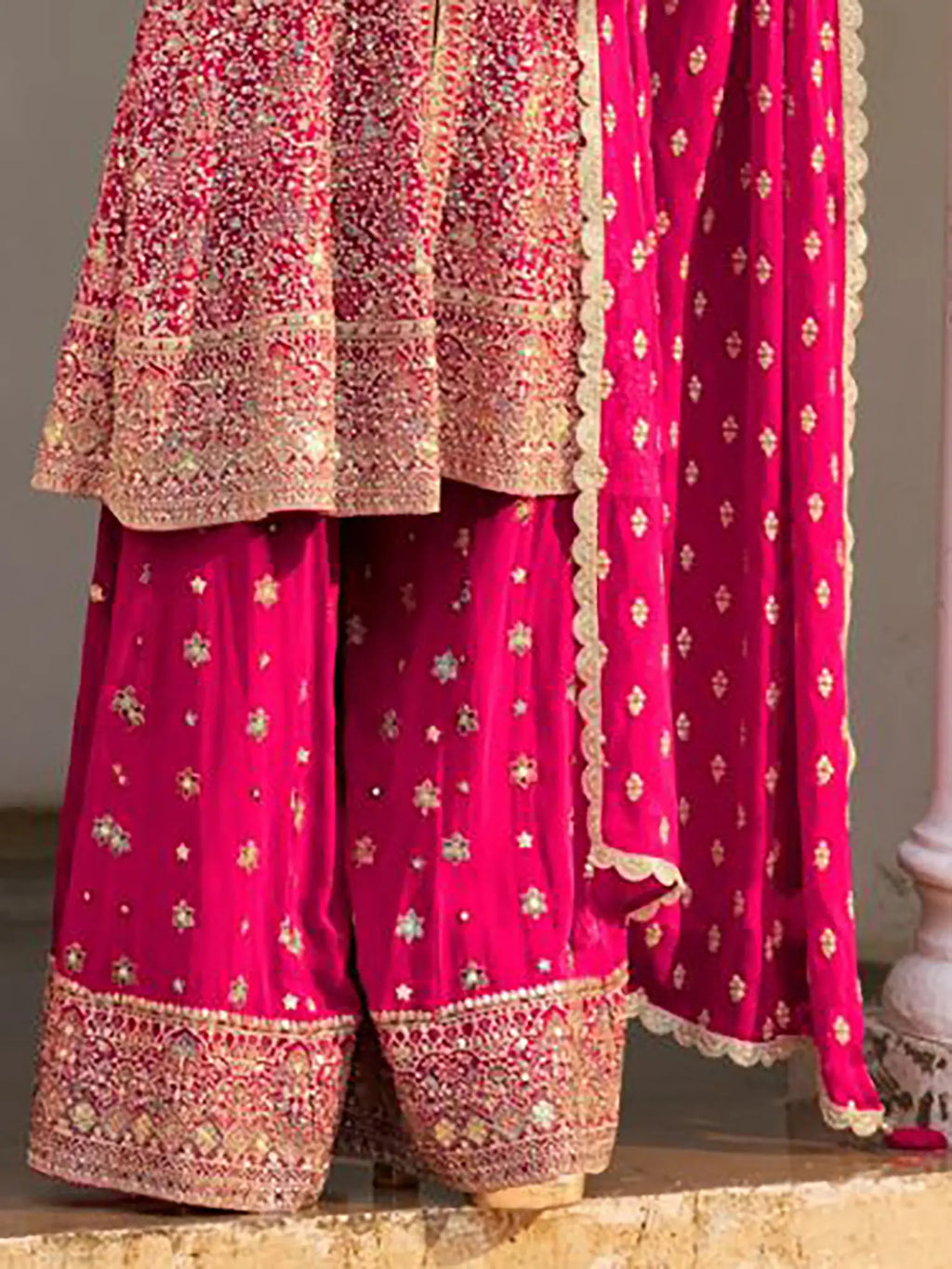 Hot Rani Pink Handwork Georgette Palazzo Suit Set - View 3