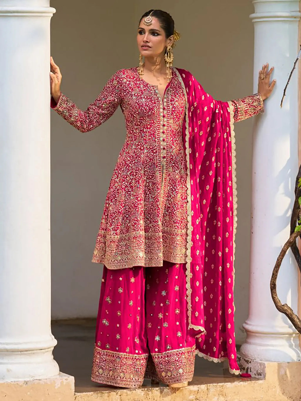 Hot Rani Pink Handwork Georgette Palazzo Suit Set - View 1