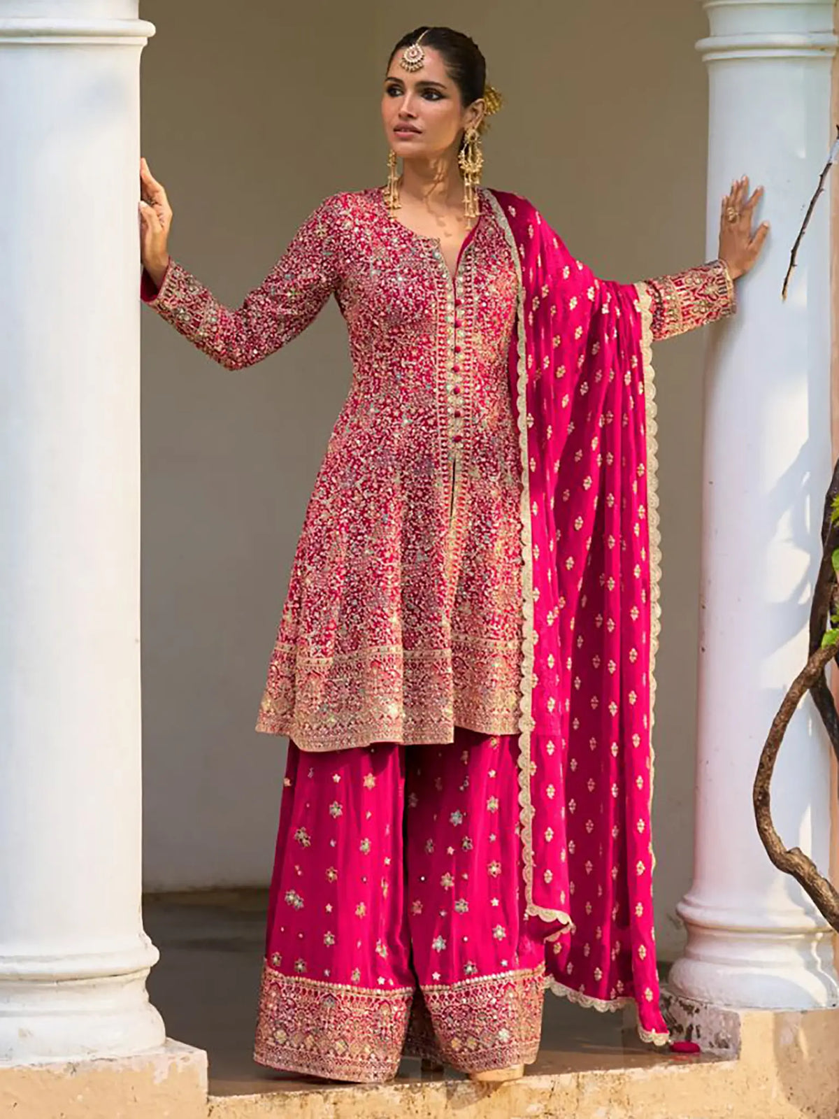 Hot Rani Pink Handwork Georgette Palazzo Suit Set - View 1