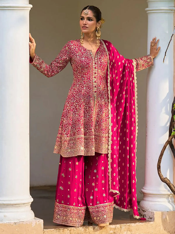 Hot Rani Pink Handwork Georgette Palazzo Suit Set - View 1