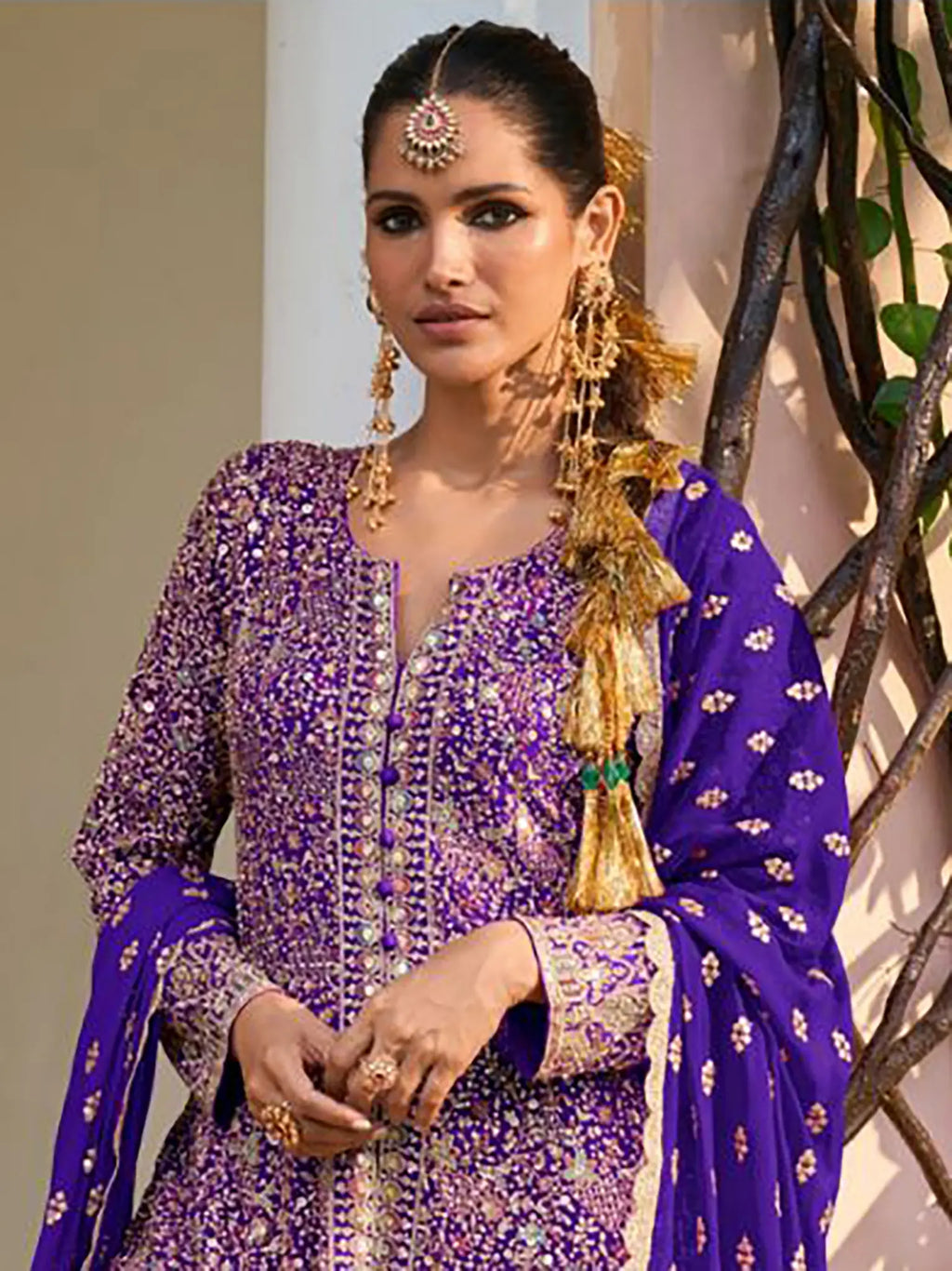 Royal Purple Handwork Georgette Palazzo Suit Set - View 2