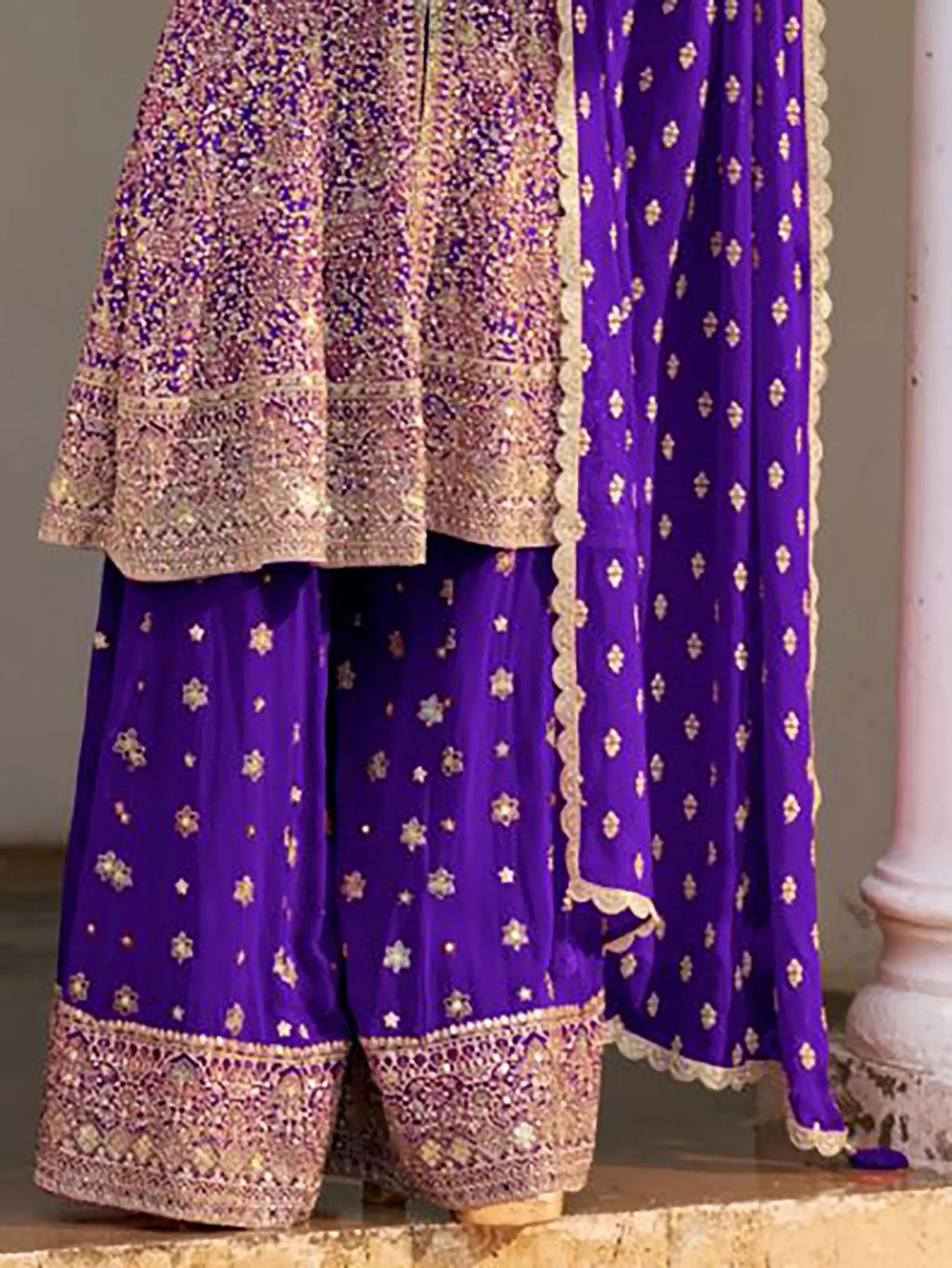 Royal Purple Handwork Georgette Palazzo Suit Set - View 3
