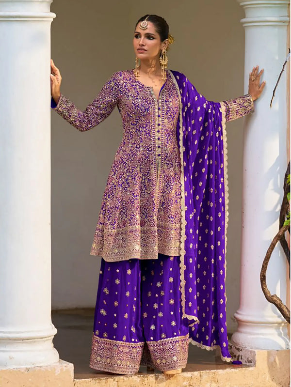 Royal Purple Handwork Georgette Palazzo Suit Set - View 1