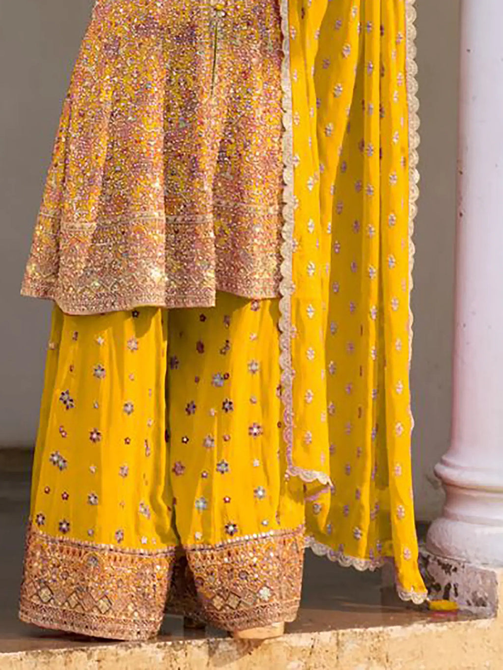 Marigold Yellow Handwork Georgette Palazzo Suit Set - View 3