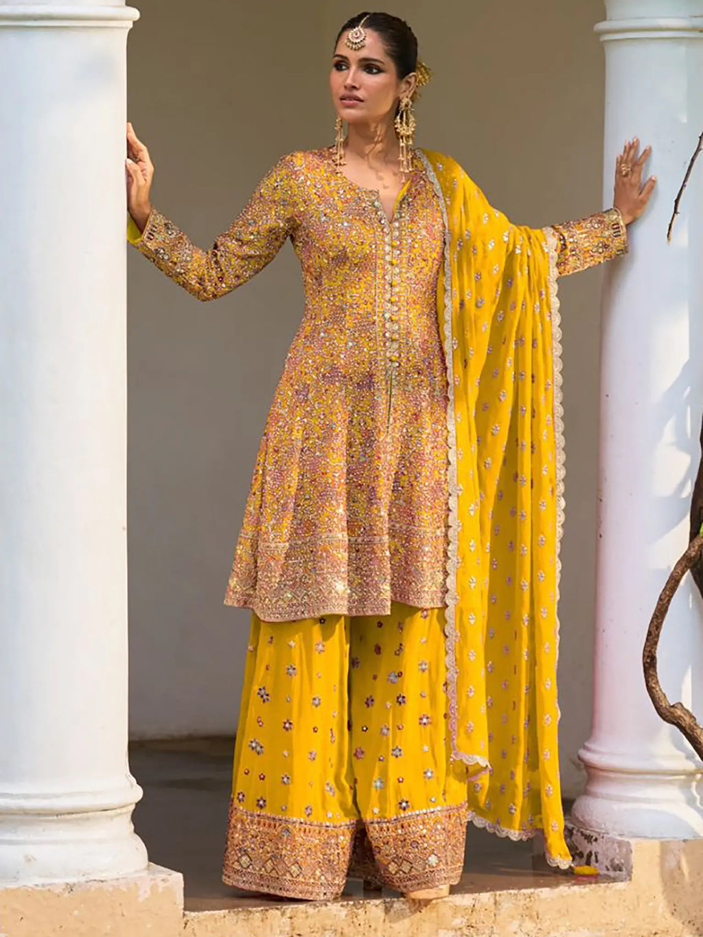 Marigold Yellow Handwork Georgette Palazzo Suit Set - View 1