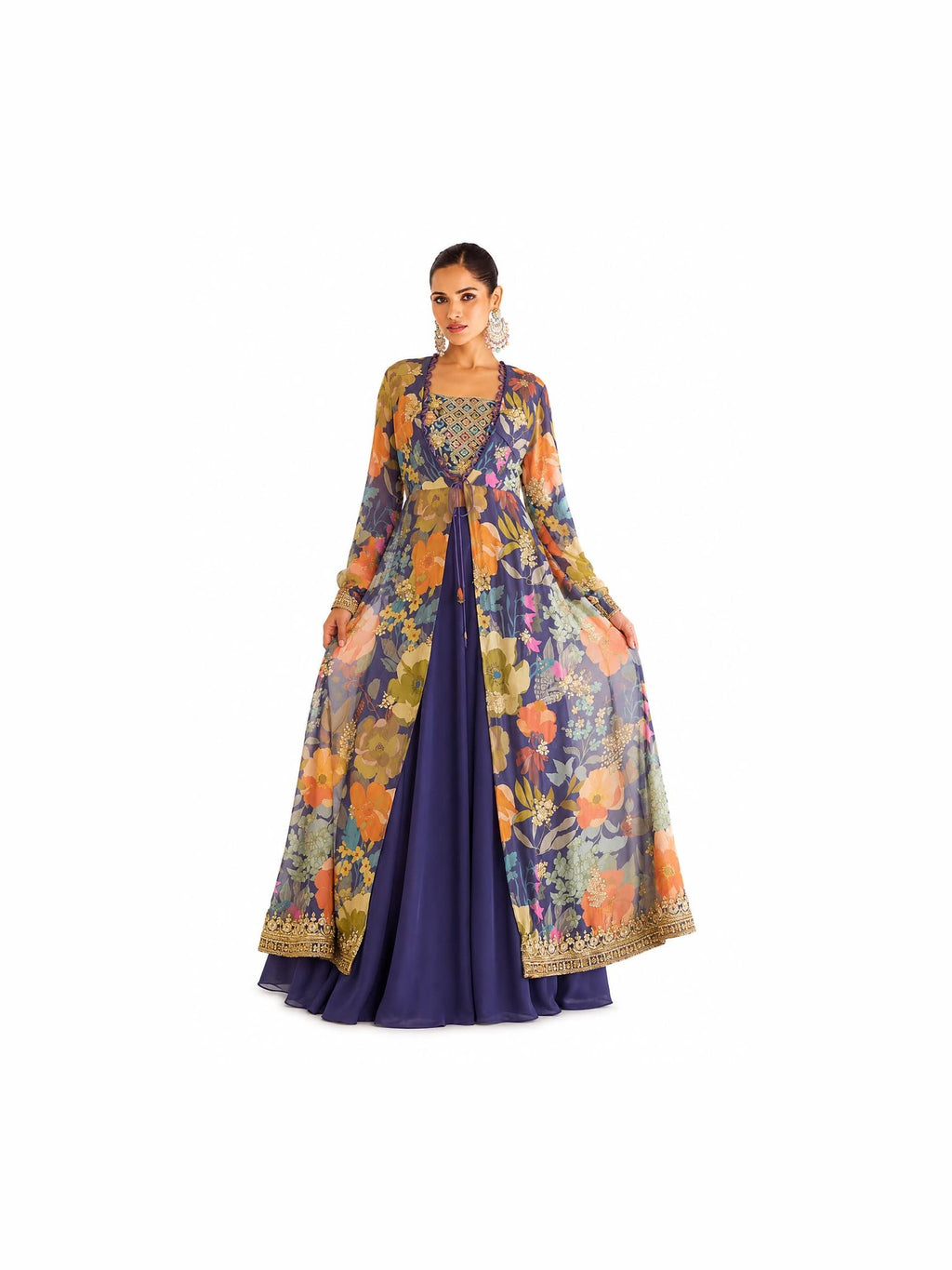 Navy Blue Real Chinon Digital Print Palazzo Suit Set