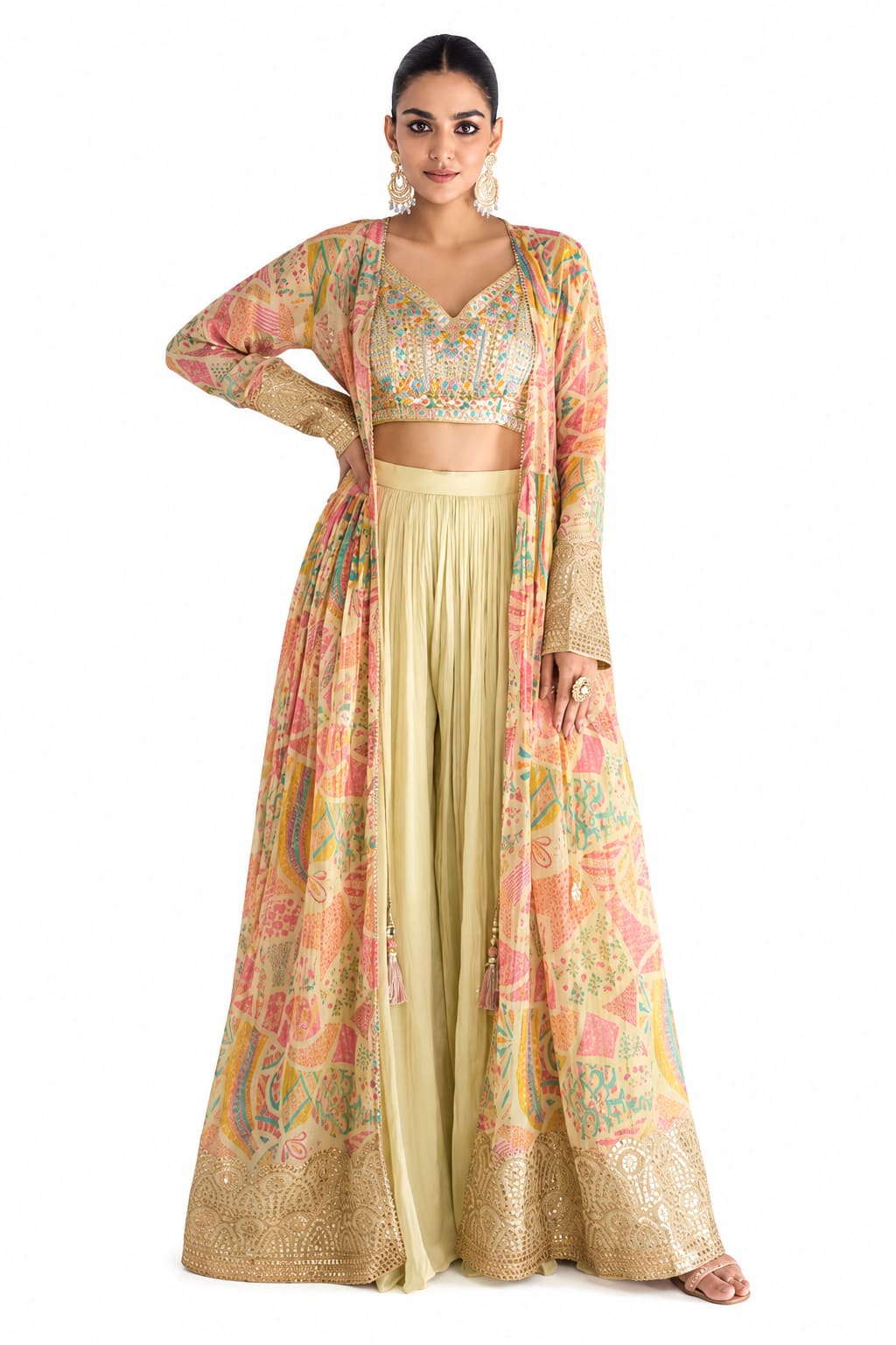 Butter Yellow Real Chinon Digital Print Palazzo Suit Set