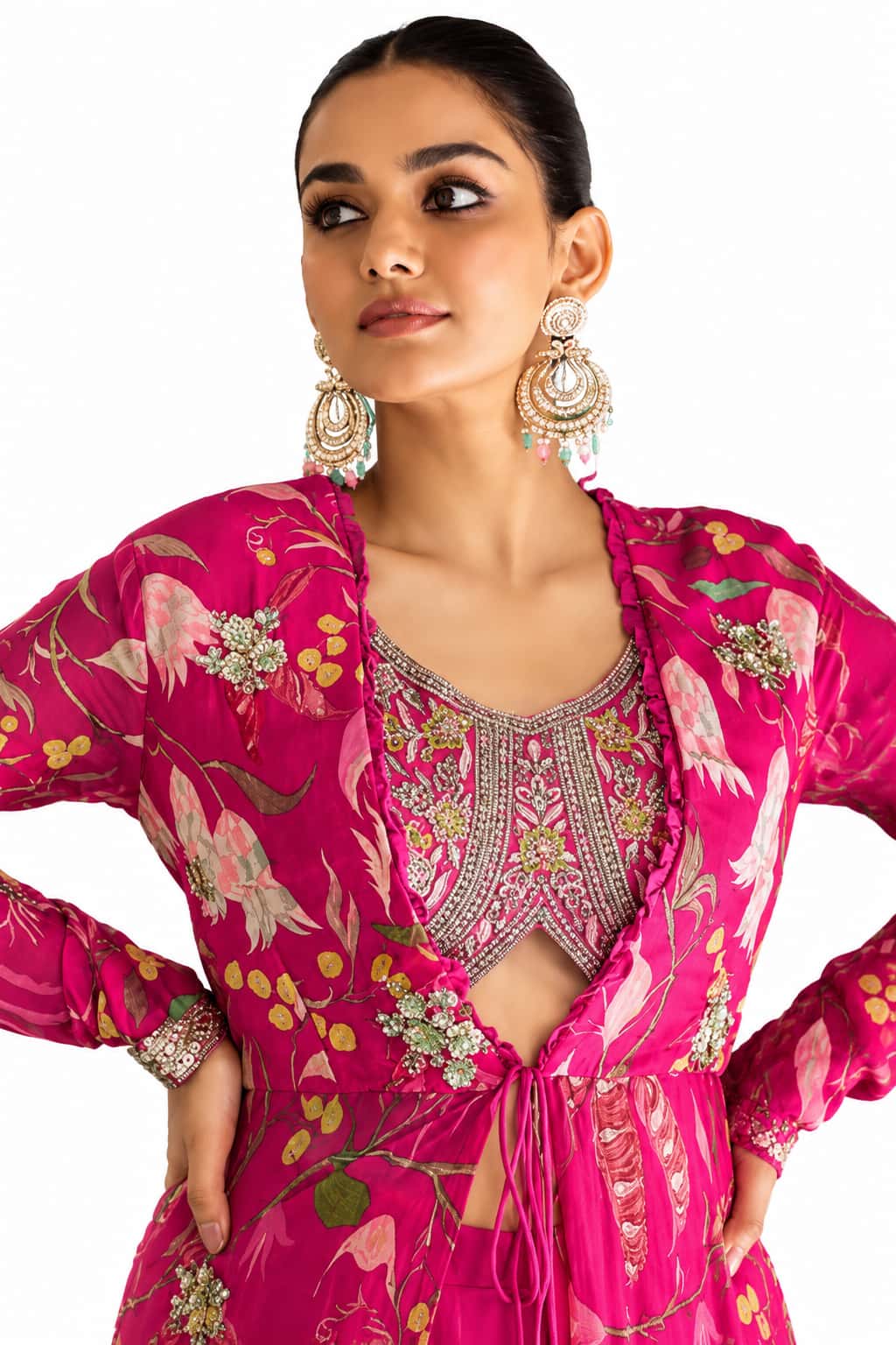 Rani Pink Real Chinon Palazzo Suit Top Detail