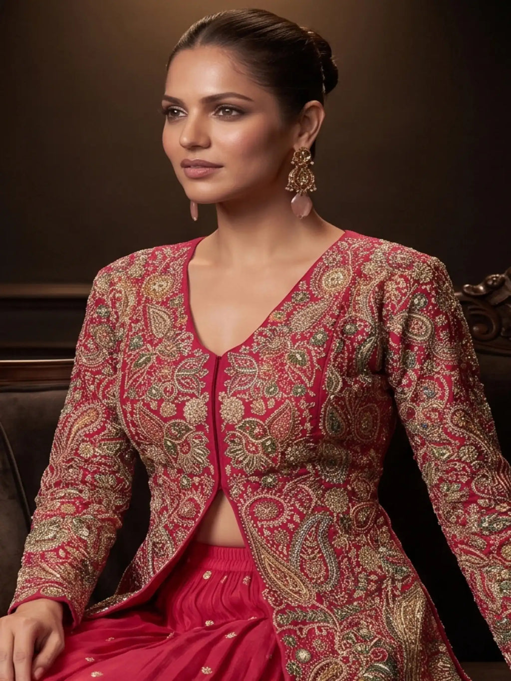 Hot Pink Embroidered Real Chinnon Peplum Palazzo Suit Set - View 2
