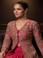 Hot Pink Embroidered Real Chinnon Peplum Palazzo Suit Set - View 2